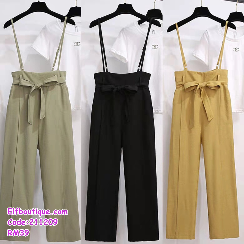 READY STOCK Woman Cute Simple Ribbon Tie Slim Fit Plus Size Jumpsuit Only Green/Black/Yellow
