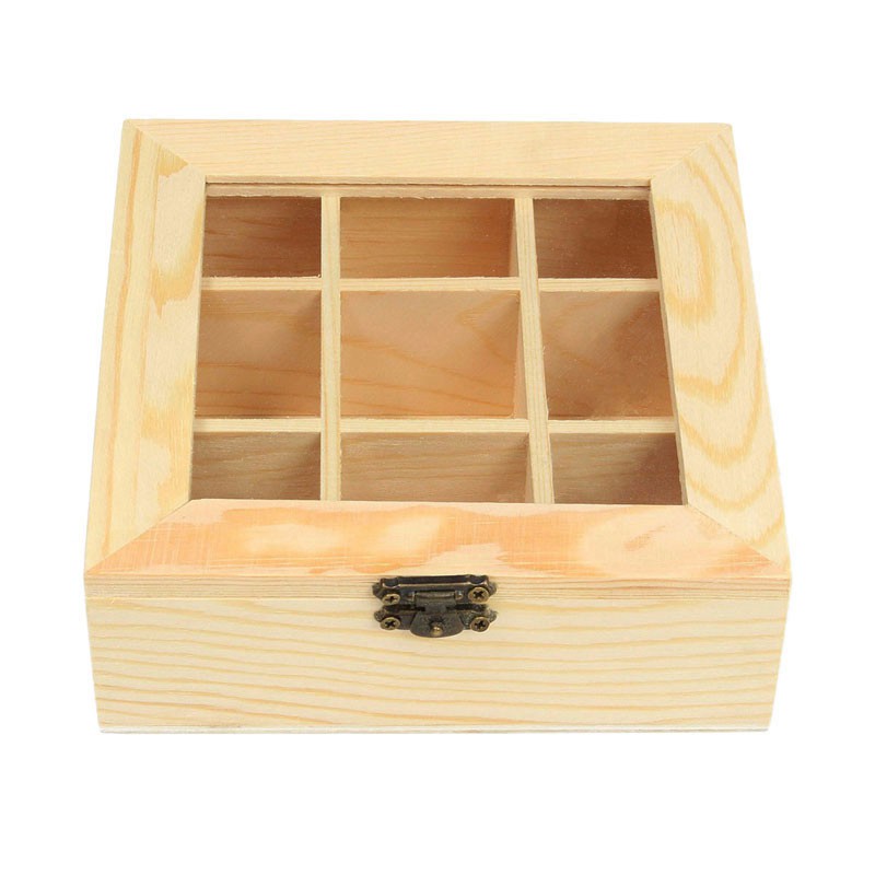 Wooden Tea Bag Jewelry Organizer Chest Storage Box 9 Compartments Tea