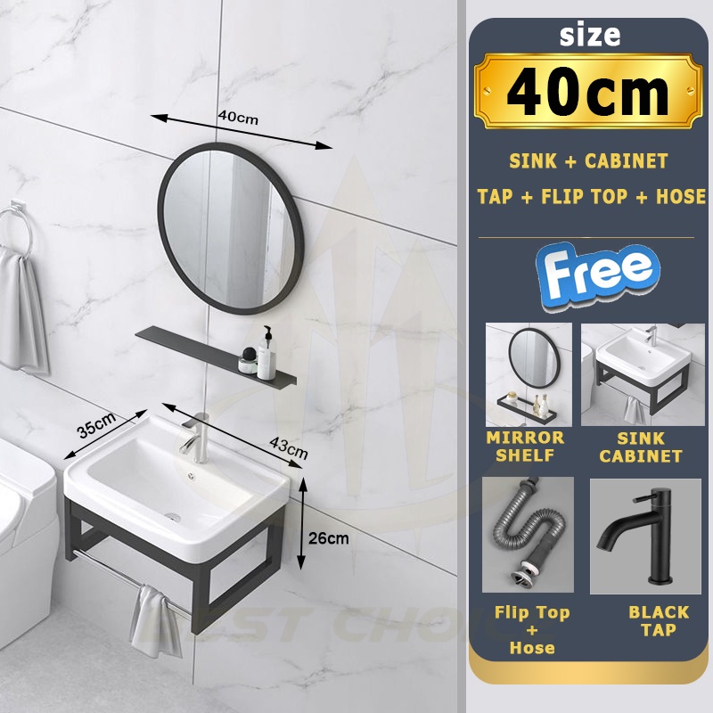 Aluminium 40cm Wall Hung Bathroom Cabinet Ceramic Sink with Mirror & Shelf Free Basin Sink Tap Push Waste