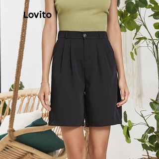 Image of Lovito Plain Rolled Hem Wide Suit Shorts L02065 (Black/Gray)