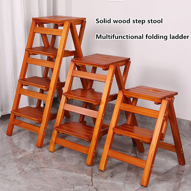 Solid Wood Multifunctional Folding Ladder Four Step Ladder Stool Living Room Kitchen Storage Rack Indoor Simple Workbench Household Ladder Wooden Ladder Frame Shopee Malaysia
