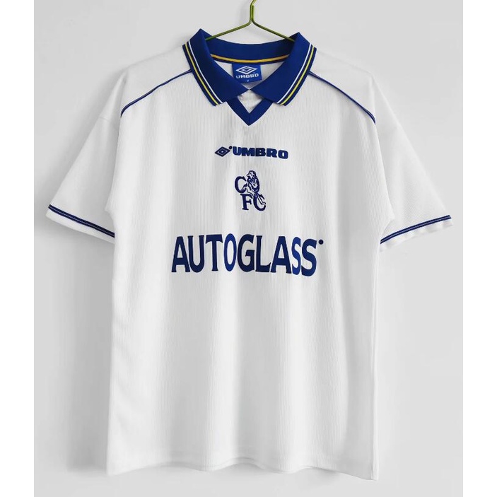 1998/00 Chelsea Away Thai Edition Retro Collar Jersey Football Soccer White Cheslea Jersey 22 23 Home Away Umbro Training Kit Baju Lelaki Berkolar Polo Shirt Short Sleeve