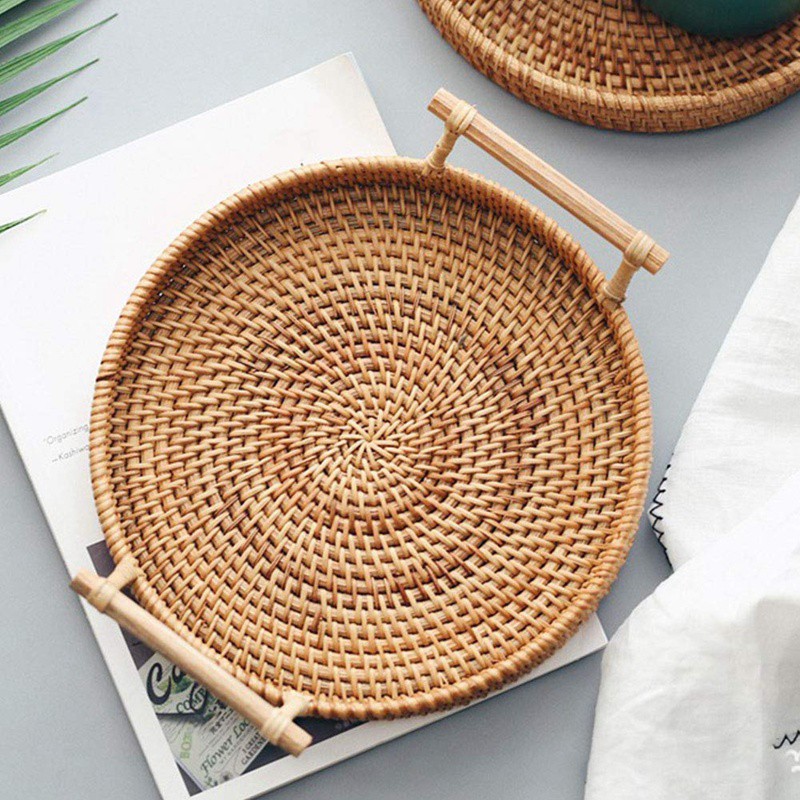 Storage Tray, Round with Handle, Hand-Woven, Rattan Tray Wicker Basket Bread Fruit Food Breakfast Di | Shopee Malaysia