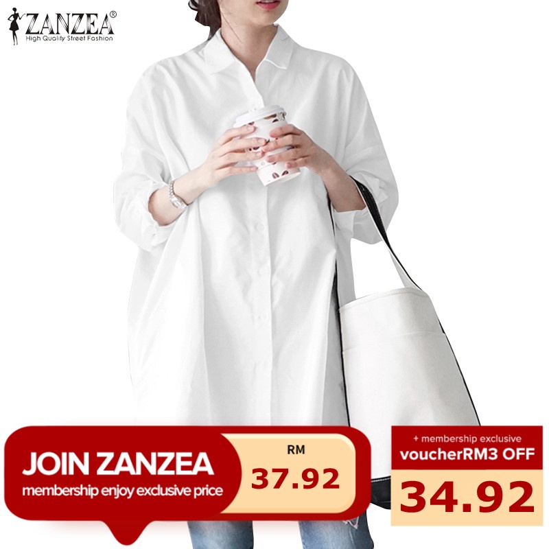 ZANZEA Women Korean Style Vintage Casual Collared Button Down 3/4 Sleeve Solid Color Blouse