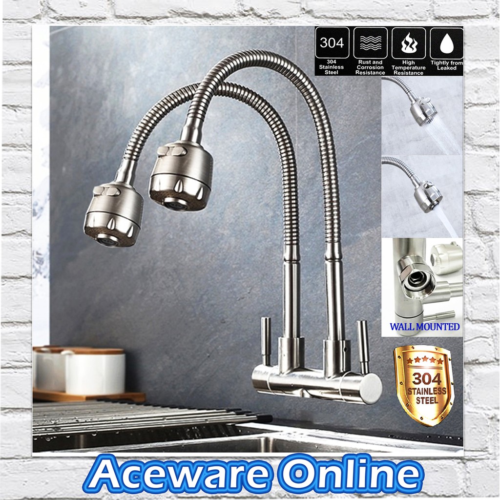 304 Stainless Steel Wall Mounted Double Flexible Kitchen Faucet 2
