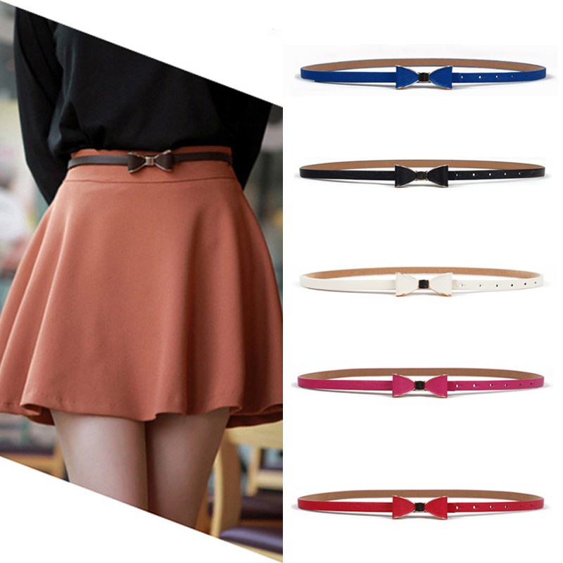 Summer Women Belt PU Leather Bow Slim Waist Belt Candy Color Ladies Thin Waistband Apparel Accessories