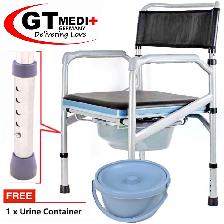 GT MEDIT GERMANY Height Adjustable Bath Shower Seat Mobile Potty Toilet Bowl Commode Chair + Urine Tray Tandas Kerusi