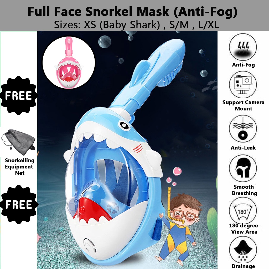 3H Anti-Fog Detachable Shark Full Face Diving/Snorkeling Mask c/w Camera Mount and Breather Pipe