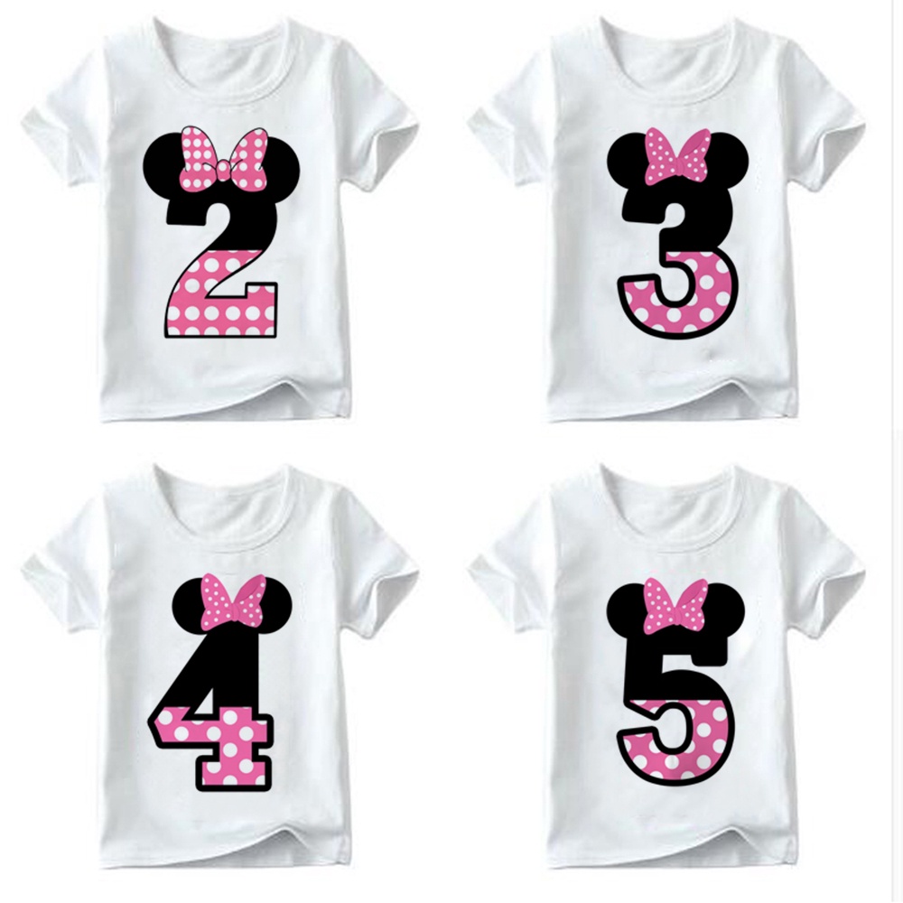 Happy Birth Party Dress Mickey Mouse Shirts Baby Girsl Happy Birthday Letter Bow Cute Print Clothes Children Funny T-shirt Round Neck Number 1-6 Kids Clothes Big Little Sister T