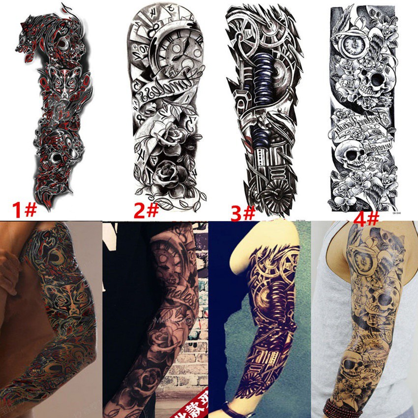 Full Arm Sleeve Temporary Tattoo Skull And Clock Tribal Polynesian Body Sticker Shopee Malaysia