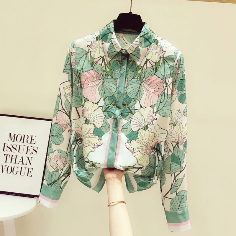 Unique Exquisite Satin Plant Flower Print Loose Top
