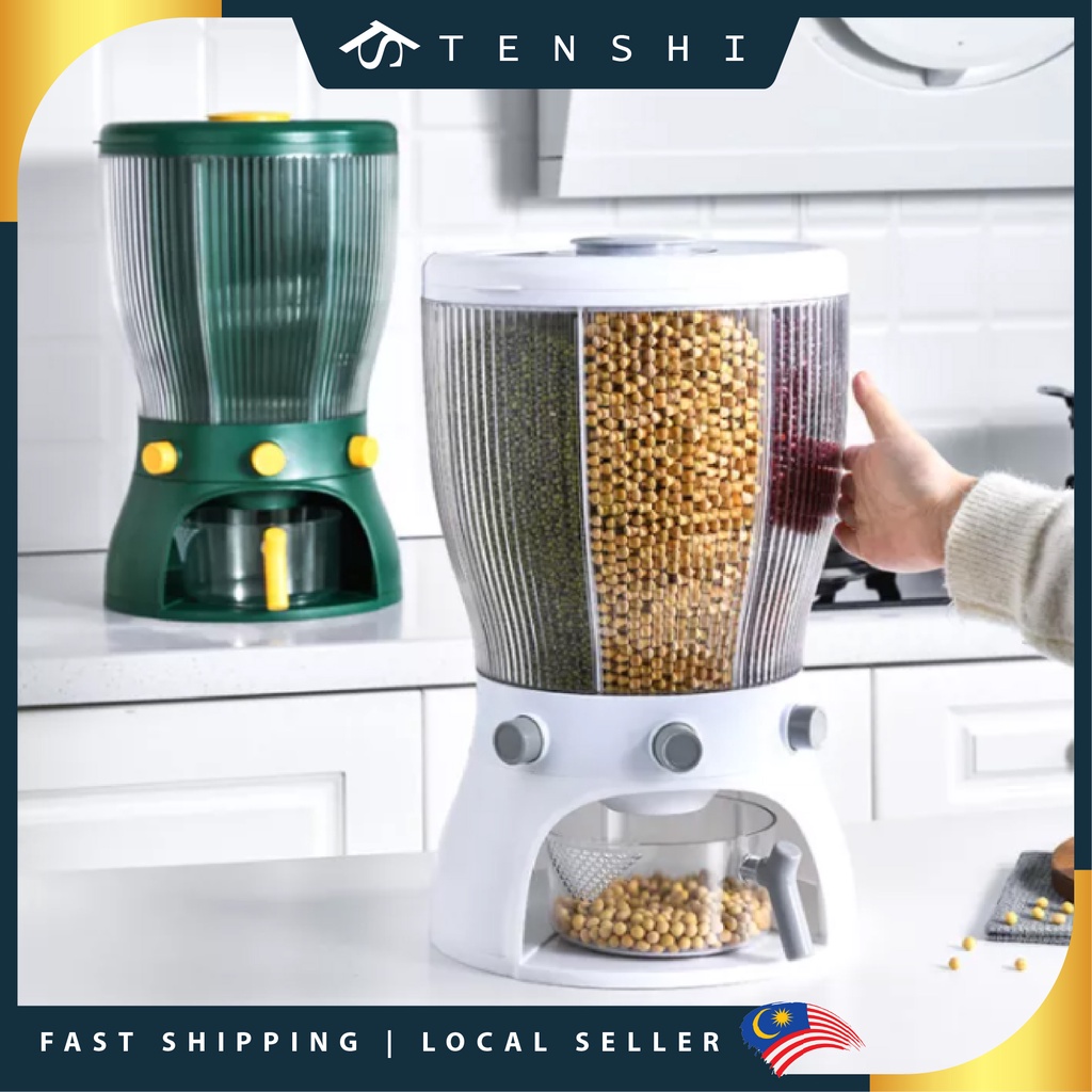 4 IN 1 Multifunction 360 Rotatable Grains Dispenser Cereal Rice Dispenser Food Compartment Storage 10KG Bekas Beras