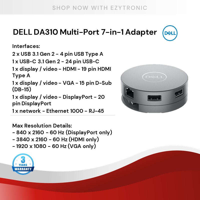 Dell Da310 7 In 1 Usb C Multiport Adapter 4k Display Port Gigabit Ethernet Dpnvk0kx For 