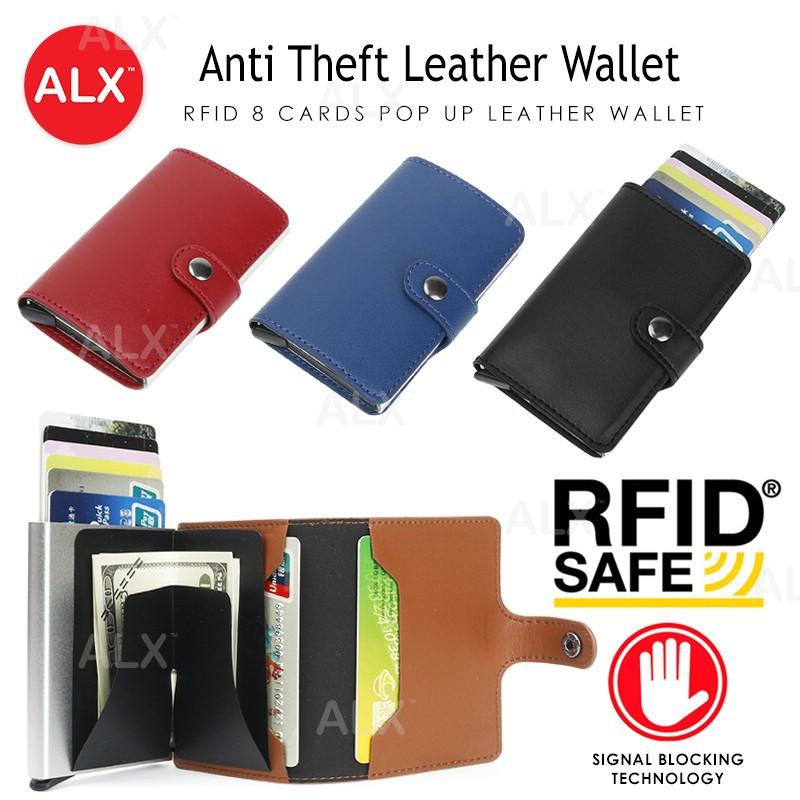 ALX (CLEAR STOCK) Anti Theft RFID 8 Cards Leather Metal Wallet Credit ...