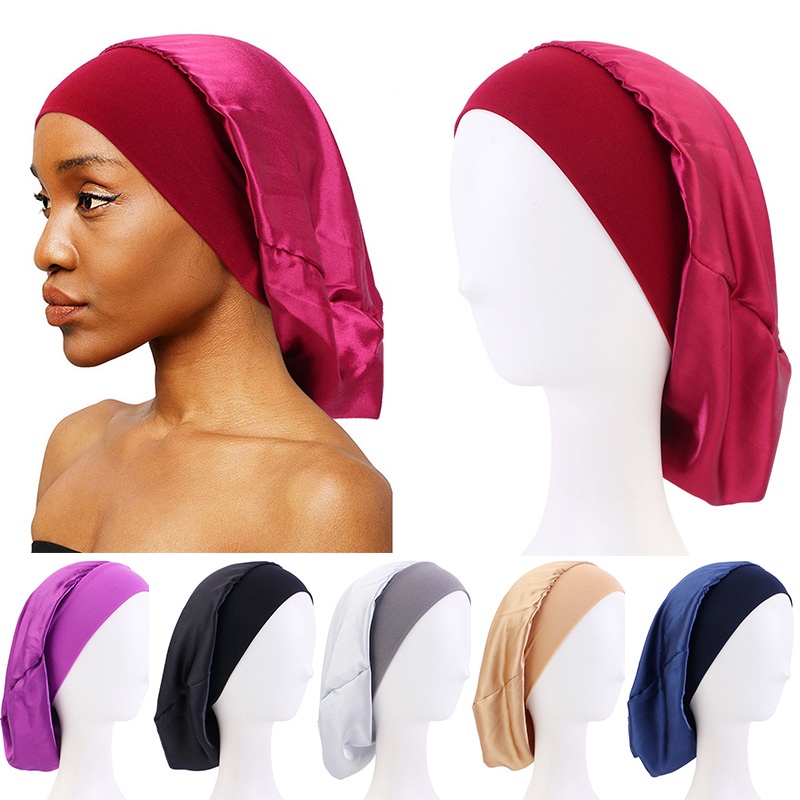 SFG Soft Headcover Night Sleep Hat Satin Bonnet Hair Care Chemo Cap Soild Head Wrap Brimmed Long Hair Elastic Band Wide