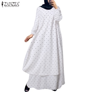 ZANZEA Women Elegant Polka Dot Long Sleeve O-neck Ruffle Muslim Maxi Dress