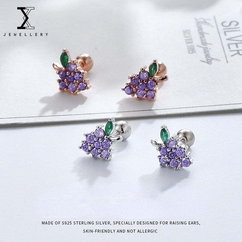 100% S925 Sterling Silver Earrings Female Diamond Grape Green Leaf Silver Earrings Threaded Anti-Lost All-Match Fashion Sterling Silver Jewelry