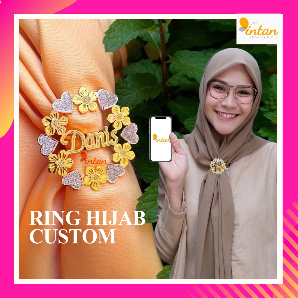 Brooch Ring Name Ring Hijab Color Combination Custom Carved Your Own Name Variant Flower Initials Letter Brooch Ring Bottom Brooch Pin Veil Hijab Chin Kebaya Titanium Plated Genuine 24k Gold Stainless Silver Gold Personalized Brooch Name Stainless Fashion