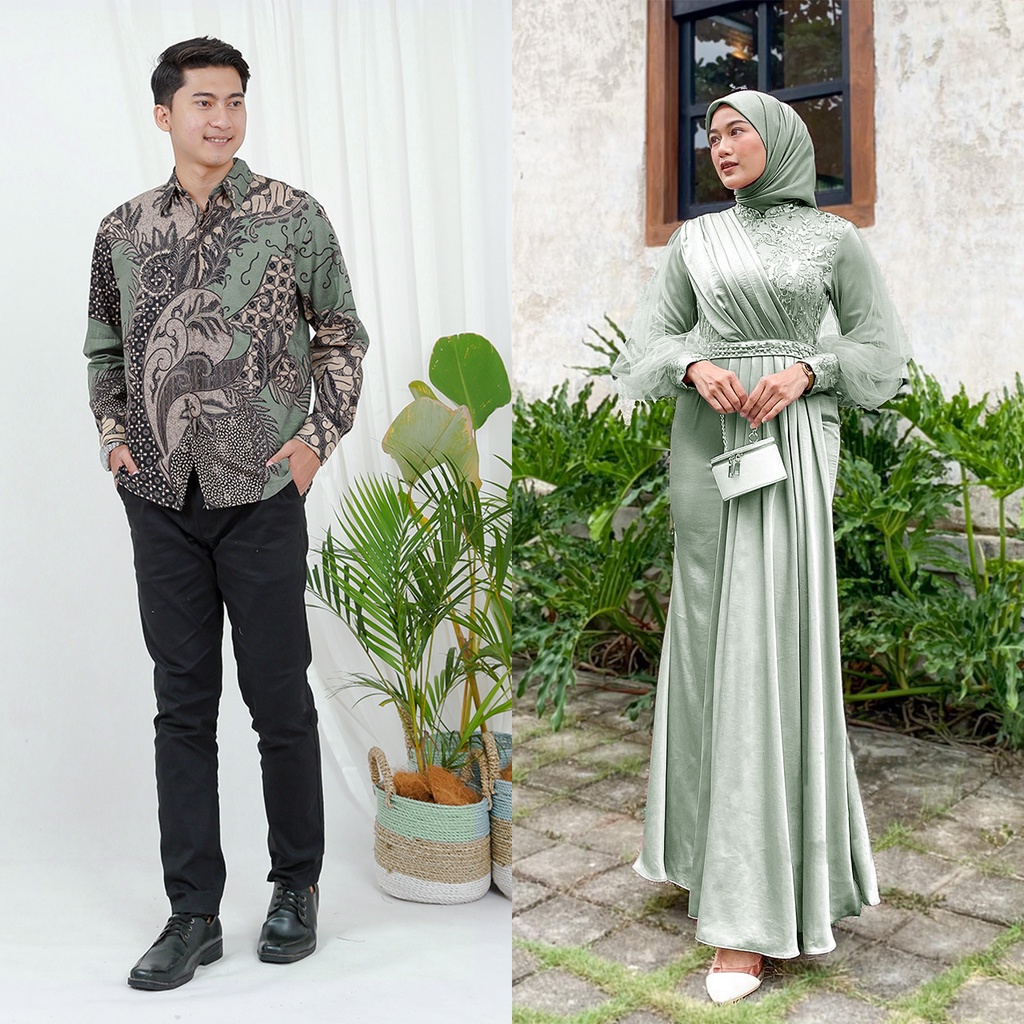 KEMEJA [Ramadan Special] MODERN MELODY SAGE SERIES GAMIS - Couple Maxi Dress Tille Mutiara Sequin And Long Sleeve Shirt M L XL - Latest Couple For Eid Syari Graduation Invitation Proposal - Ready Many Batik Motifs - Contemporary And Contemporary Couple Dr