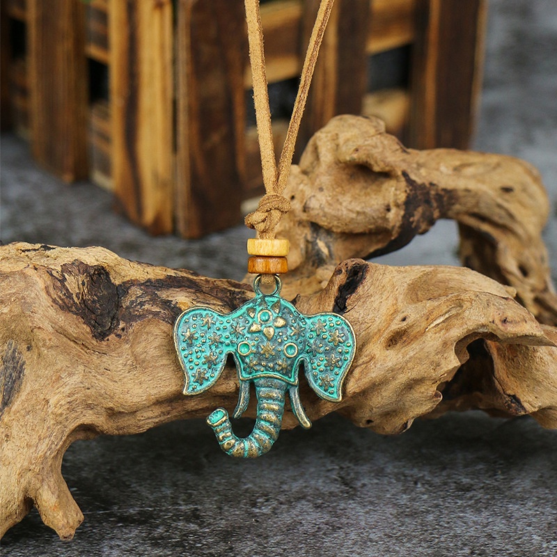 Ethnic Bronze Green Elephant Bird Pendant Necklace Women Long Leather Rope Sweater Necklaces Jewelry Accessories Vintage Chokers