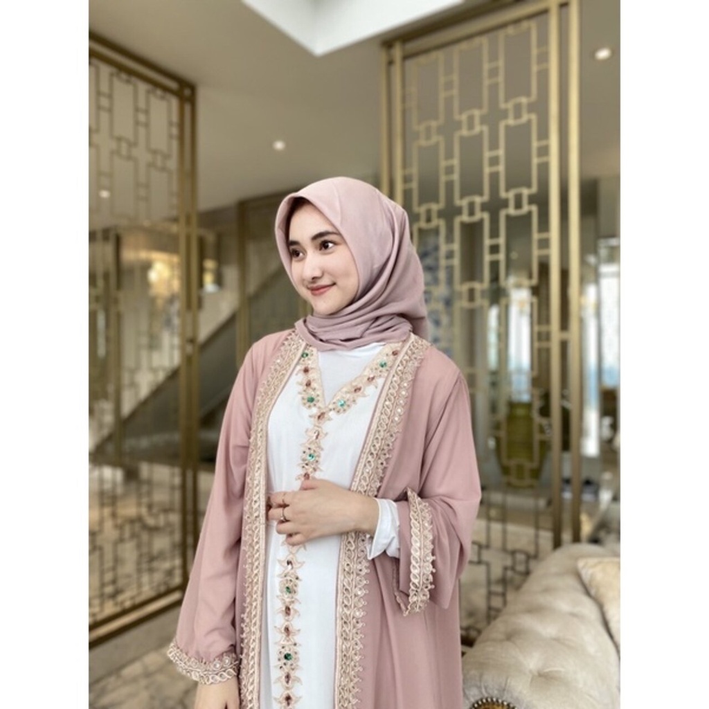 Shireenz Abaya Dress Kaftan Free Manset Turban Belt L XL XXL Eid Dress for Weddings Inner Belt Outer L XL XXL Premium Jumbo Luxury Muslim Gamis Latest Product Dusty Pink Taro Milo Black Sage Grey