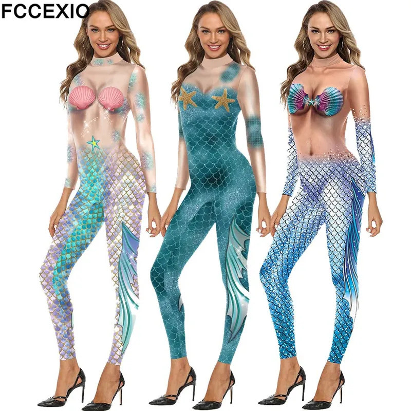 3 Colors Mermaid Cosplay Costume Jumpsuits Women Colorful Printing Party Clothing Fashion Catsuits Skinny Sexy Jumpsuit
