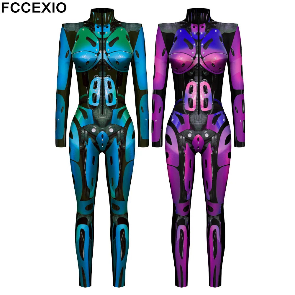 FCCEXIO Combat Readiness Cartoon 3D Print Halloween Cool Bodysuit Cosplay Costume Sexy Jumpsuit Adult Carnival monos mujer