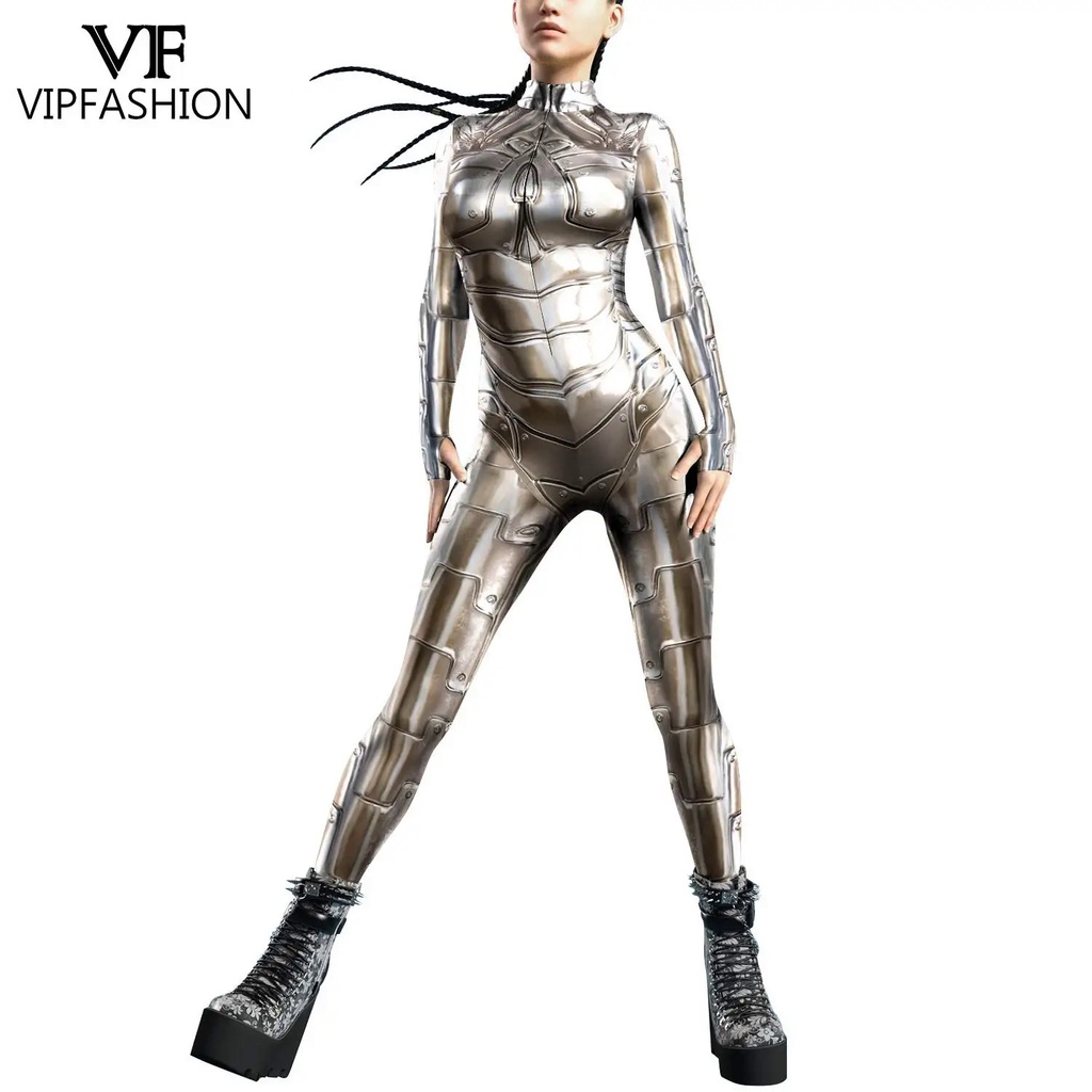VIPFASHION Punk Cosplay Costume for Women Front Zipper Robot Print Jumpsuit Female Zentai Suit Carnival Jumpsuit Party Clothes