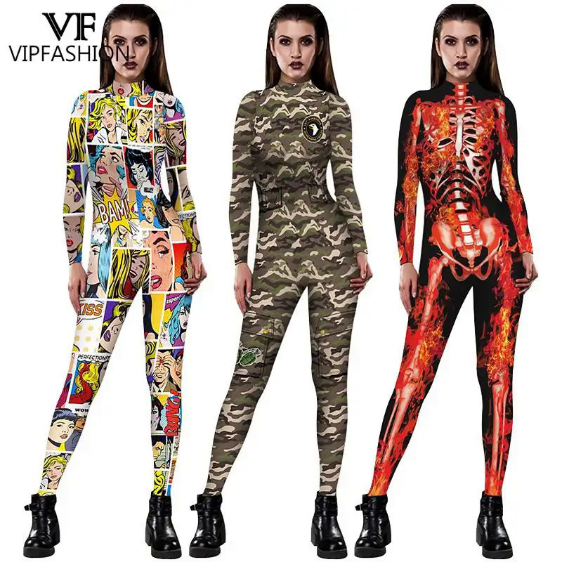 VIP FASHION New Products 3D Print Halloween Pattern Design Costumes For Women Jumpsuit Sexy Bodysuits