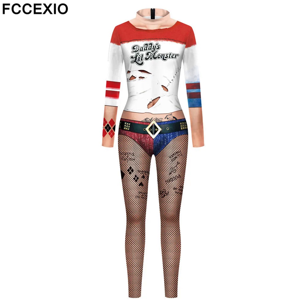 FCCEXIO Daddy's Little Monster 3D Print Sexy Bodysuits Cosplay Costume Jumpsuit Adults Onesie Long Sleeve Outfits