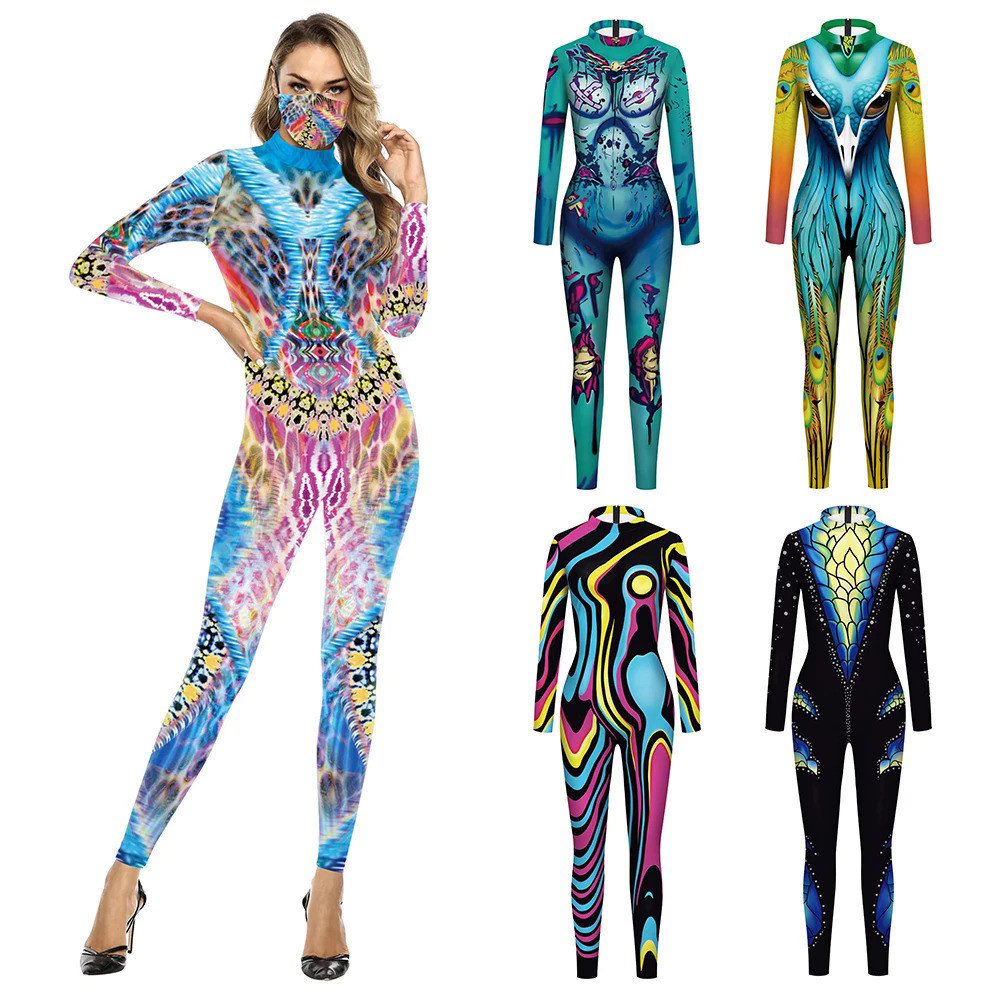 VIP FASHION Halloween Costume Women 3D Animal Printed Cosplay Costumes Skull Jumpsuit Bohemia Style Carnival Bodysuit