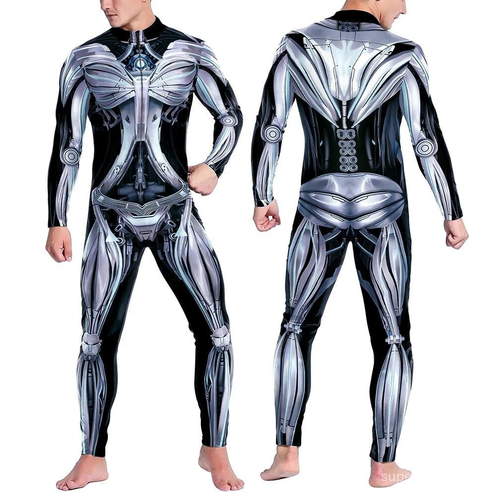 Men Robot Skeleton Costume Fancy Bodysuit Front Zipper Cosplay Jumpsuit 3D Print Zentai Suit