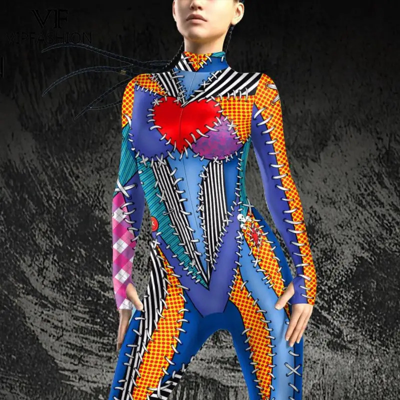 VIP FASHION Halloween Rag Doll Costume for Woman Sexy Bodysuit Cosplay Jumpsuit Front Zipper Zentai Suits Festival Party Outfit