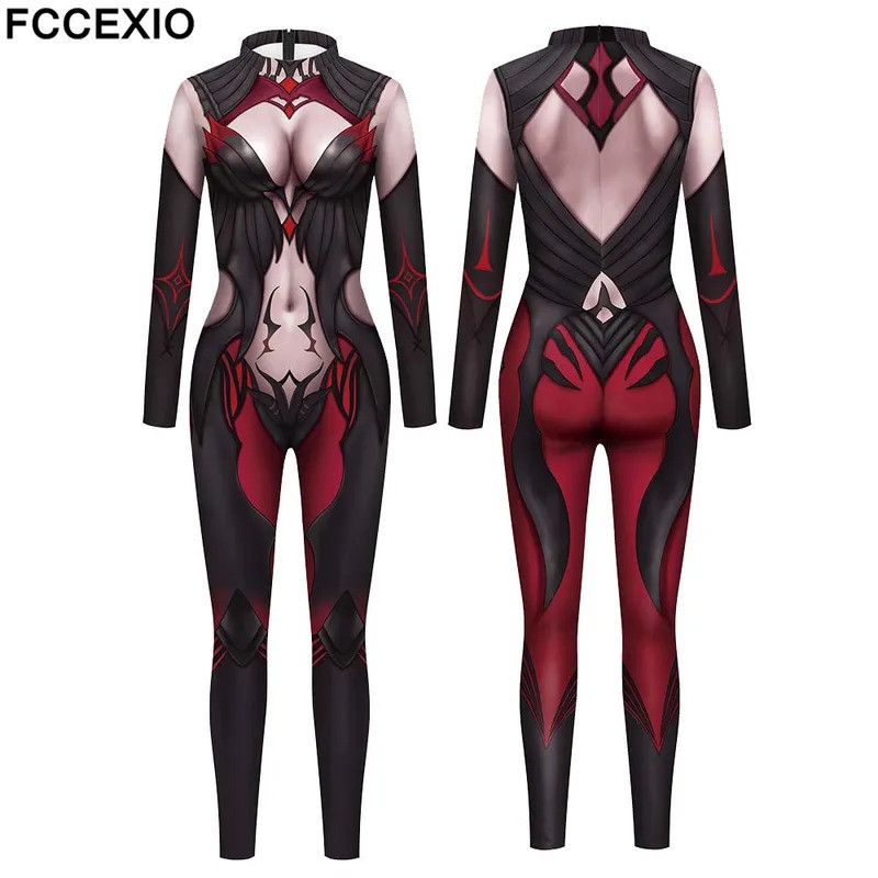 FCCEXIO Anime COSPLAY 3D Print Sexy Bodysuits Women Long Sleeve Cosplay New Jumpsuit Skinny Party Game Jumpsuits