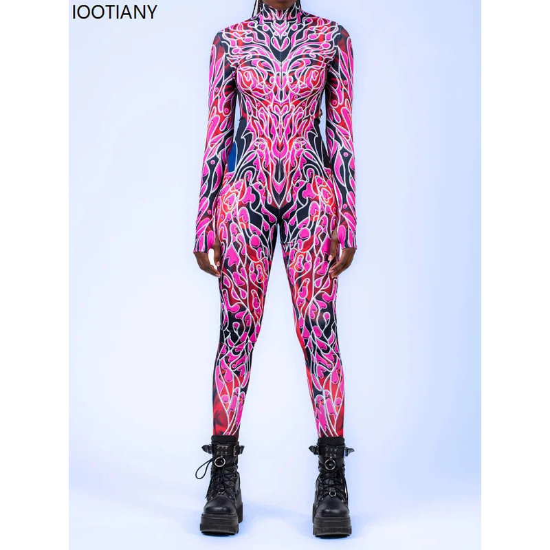 Women Sexy Gorgeous Color Cosplay Jumpsuit Halloween Colorful Print Zentai Suit Rave Outfits Aerial Yoga Unique Morphsuit