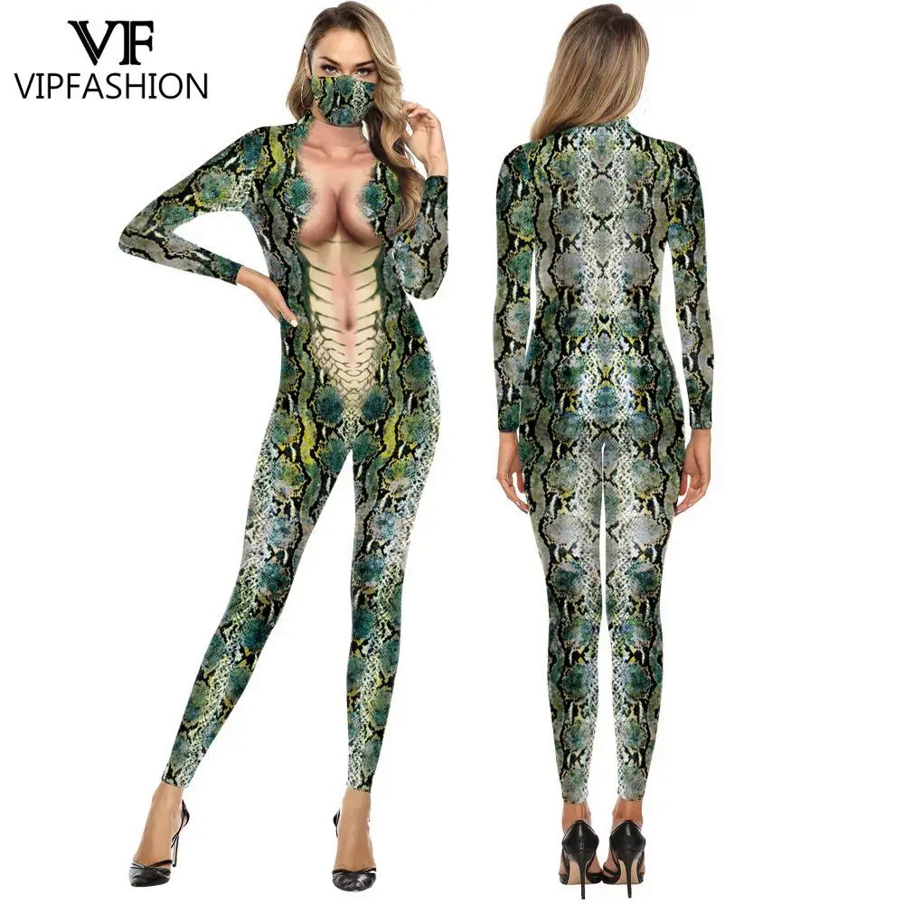 VIP FASHION Women Sexy Snake Print Halloween Costumes Snake 3D Printing Animal Party Muscle Cosplay Jumpsuit Zentai Costume