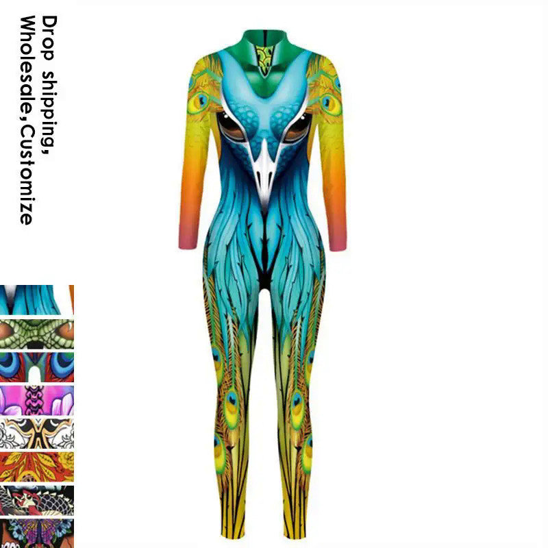 NADANBAO Cosplay Bodysuit Animal Print Bodysuits Fashion Pecock Suits Carnival Halloween Costume Woman Catsuit Jumpsuit Outfit