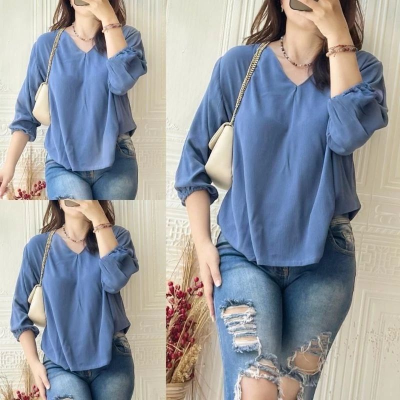 Latest Women's V-neck Crinkle Airplow Blouse Size L XL XXL
