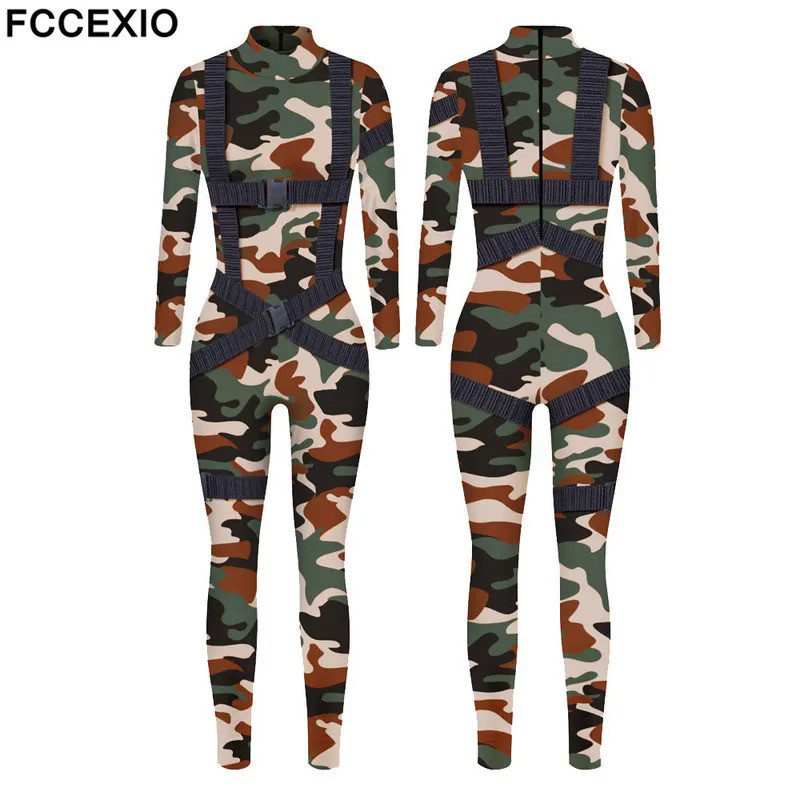 FCCEXIO Camo Straps Print Jumpsuit Long Sleeve Sexy Women Skinny Jumpsuit Party Series Cosplay Elastic 3D Bodysuits