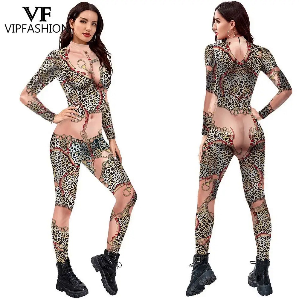 VIP FASHION Purim Print Cosplay Jumpsuit Women Sexy Costume Tight Fitness Outfit Long Sleeves Bodysuit Halloween Party Outfit