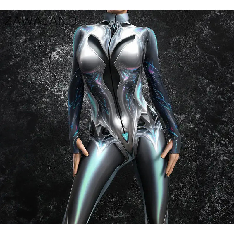Zawaland Halloween Dark Symmetric 3D Print Jumpsuit Adult Sexy Robot Cosplay Bodysuit Party Stage Showing Catsuit Rave Outfits
