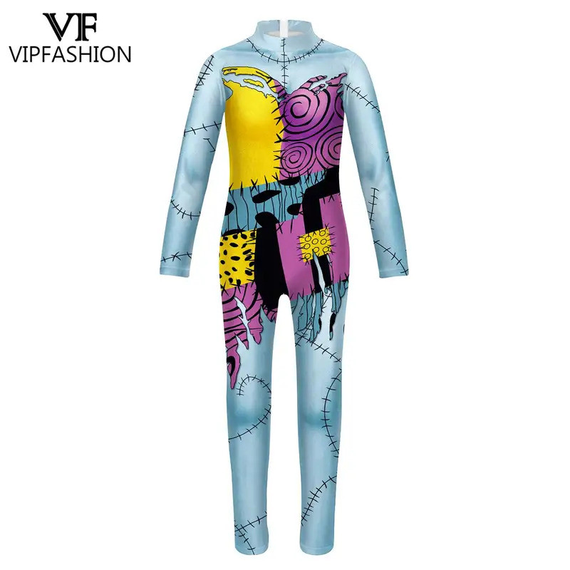 Vip FASHION Girls Sally Costume Patchwork Pattern Halloween Jumpsuit Fancy Bodysuit Fitness Zentai Suit Carnival Party Clothes