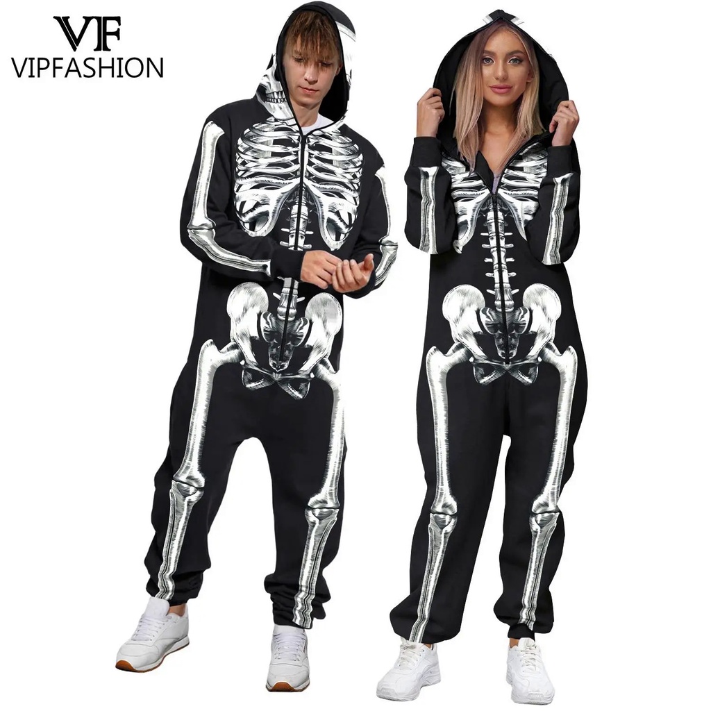 VIPFAHION Skeleton Halloween Cosplay Costume Men Women Front Zipper Hood Jumpsuit Long Sleeve Pajamas Funny Party Outfit Clothes