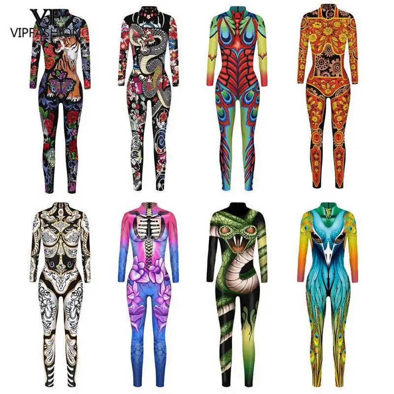 VIP FASHION Halloween Costume Women 3D Animal Printed Cosplay Costumes Skull Jumpsuit Bohemia Style Carnival Bodysuit