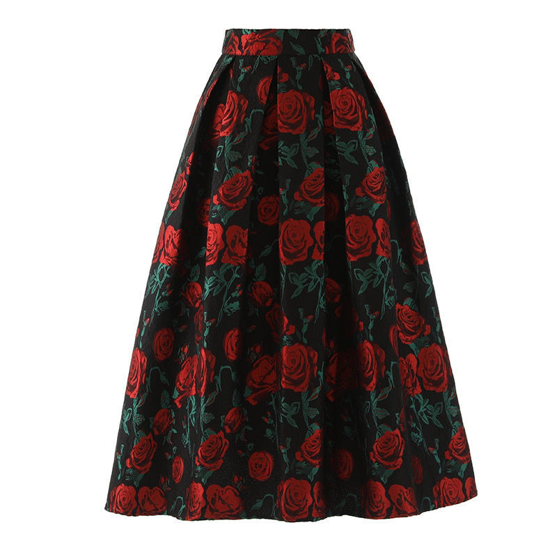 Black Red Rose Jacquard High Waist skirt Figure Flattering Puffy DressALine skirt