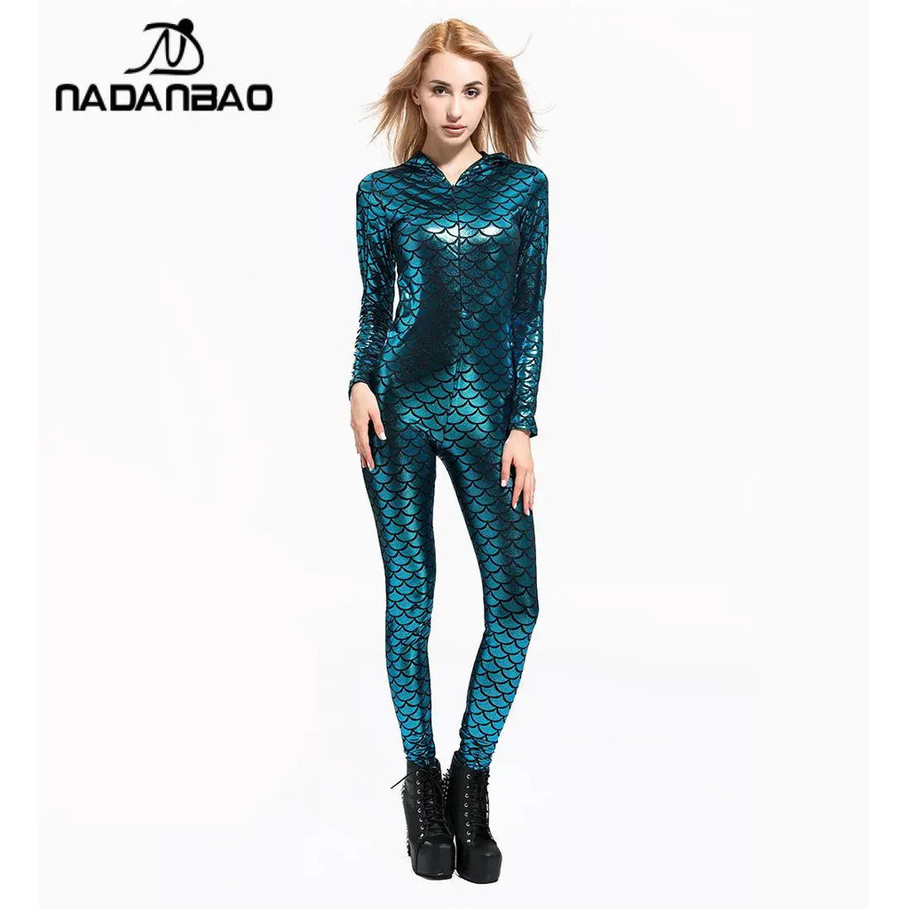 New Fashion Bodysuits For Women 3D Fish Scales Printed Hooded Jumpsuit INS Hotsale Cosplay Sexy Costumes 5 Colors