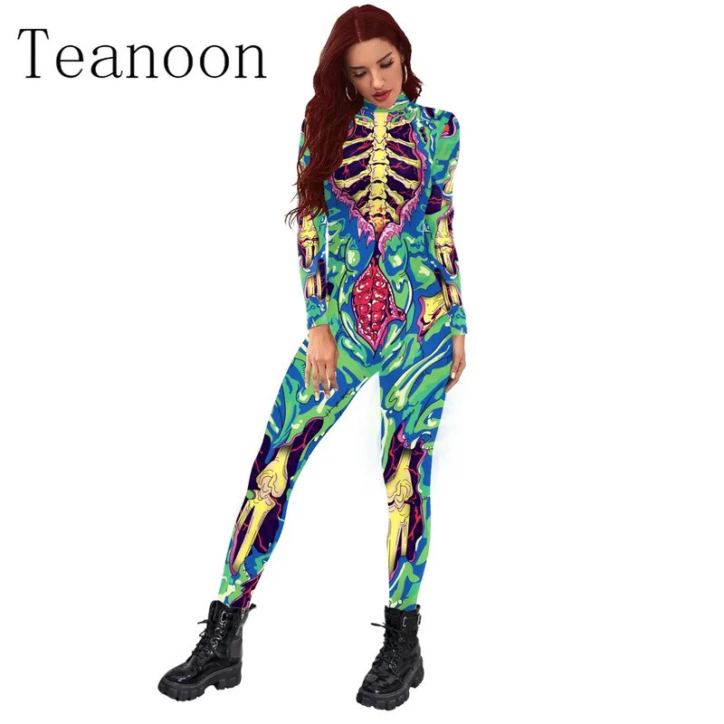 New Adult 3D Skeleton Halloween Cosplay Fancy Dress Spandex Jumpsuit Long Sleeve Cos Costumes