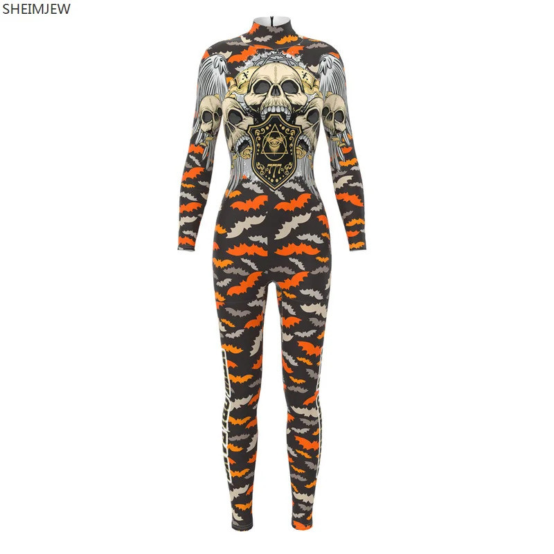 Halloween Party Cosplay Jumpsuit Women Horror Skeleton Bats Print Catsuits Adult Fashion Gothic Bodysuits Rave Outfits New