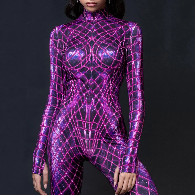Sexy Net Pink Line Bodysuit Punk Gothic Women Cosplay Jumpsuit Carnival Slim Zentai Suit Costume Festival Theme Party Catsuit