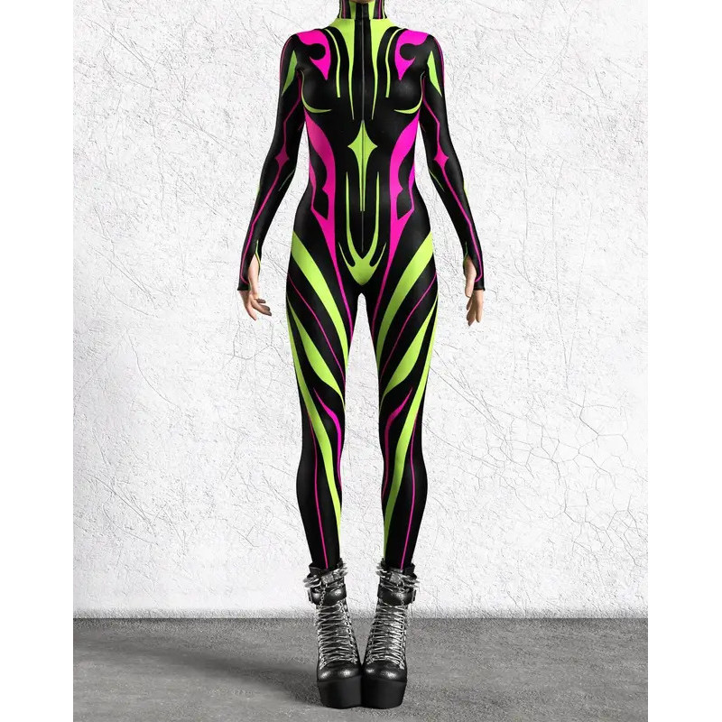 Halloween Cyber Punk Jumpsuit 3D Digital Printing Irregular Lines Adults Cosplay Bodysuit Carnival Party Unisex Cycling Catsuit